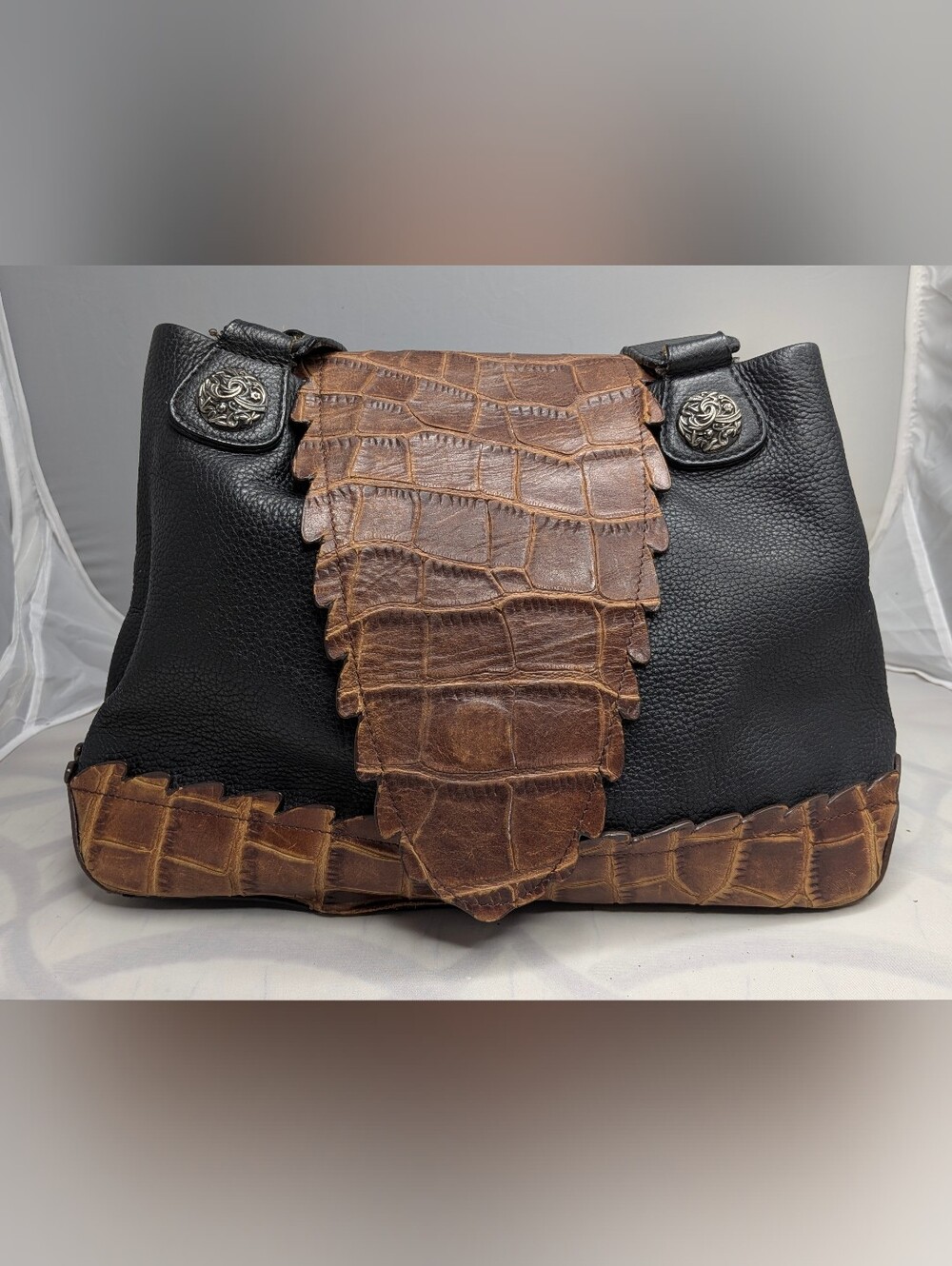 CHI by Carlos Falchi Western Leather Shoulder Bag Black Brown Croc Concho